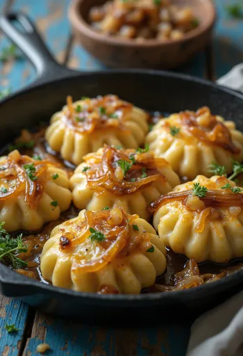 דודולה פריכה מוגשת עם שמנת חמוצה ובצל מטוגן