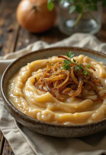 רוטב בצל מקורמל מוגש עם לחם טרי