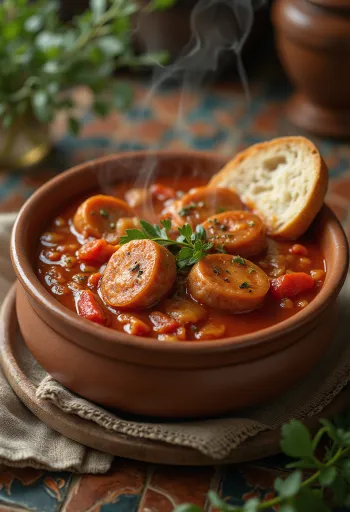 לצ'ו עם נקניק, מוגש עם פלפל טרי, עגבניה ונקניק מעושן