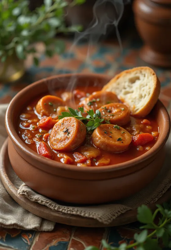 לצ'ו עם נקניק, מוגש עם פלפל טרי, עגבניה ונקניק מעושן