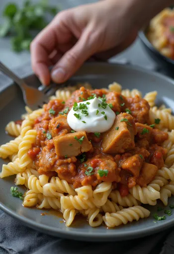 נזיד מוגש עם פסטה ושמנת חמוצה