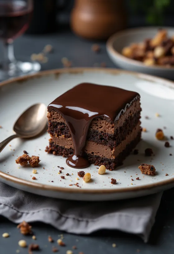 פרוסת עוגת ריגו יאנצ'י שוקולדית על צלחת לבנה