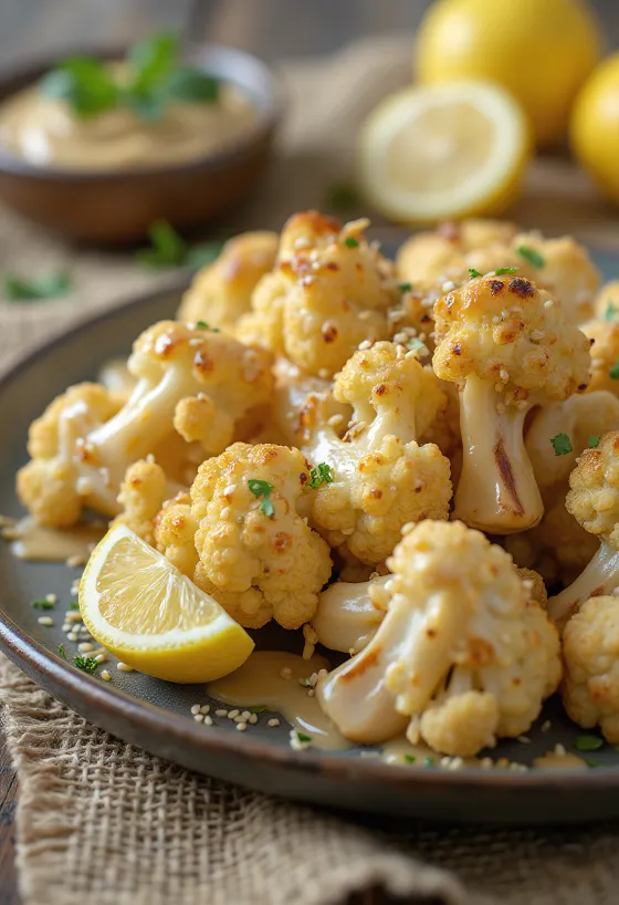 סלט כרובית צלויה ברוטב טחינה, מוגש עם פטרוזיליה טרייה ושומשום קלוי.