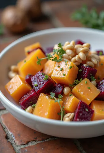 סלט בטטה וסלק פרביוטי עם רוטב יוגורט וצנוברים