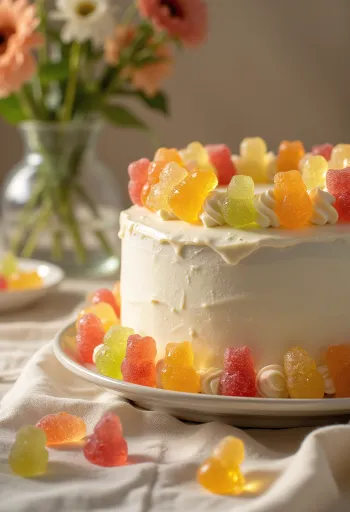 עוגת סוכריות גומי צבעונית עם ציפוי בצק סוכר לבן וקישוטי גומי