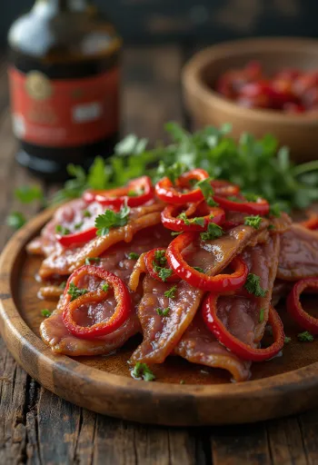 בילטונג עם פלפל צ׳ילי, מוגש עם פלחי ליים וכוסברה