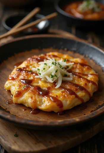 אוקונומיאקי עם כרוב מוגש, רוטב אוקונומיאקי ושבבי בוניטו