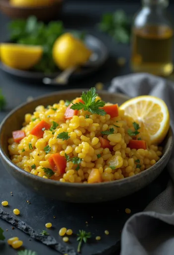 סלט דוחן מתובל פרביוטי מוגש עם ירקות טריים ופטרוזיליה