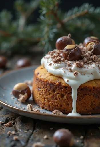 עוגת ערמונים חורפית מקושטת בשוקולד מריר ואגוזים