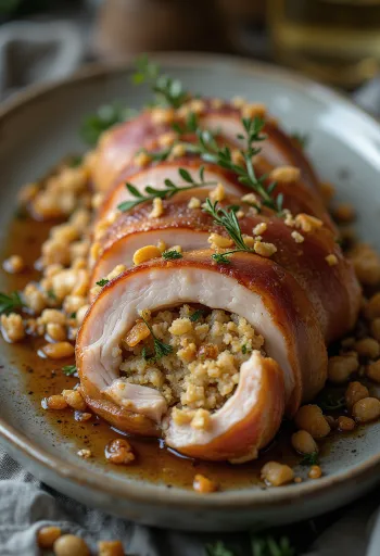 צלעות חזיר ממולאות עסיסיות בתנור, במילוי עשבי תיבול טריים וגבינה נמסה.