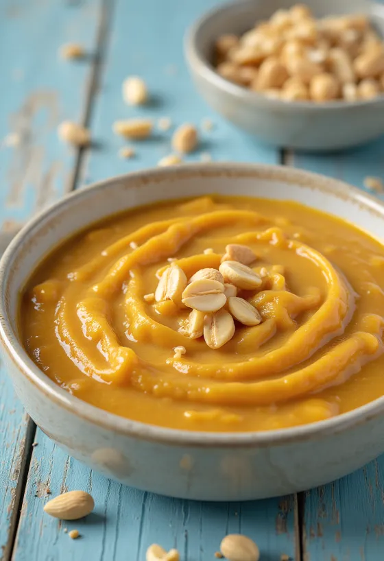 רוטב בוטנים בקארי מוגש בקערה עם כוסברה טרייה.