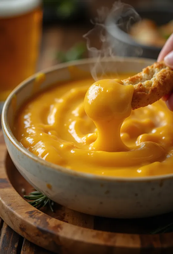 רוטב גבינת צ'דר ובירה עם שום מוגש