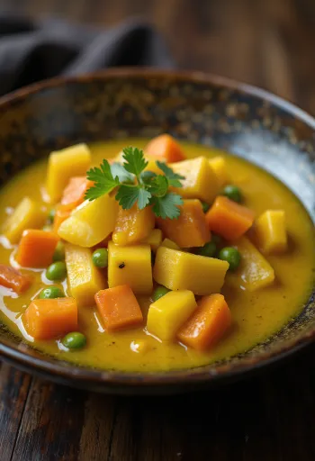 רוטב ירקות בקארי בקערה, מקושט בכוסברה טרייה.