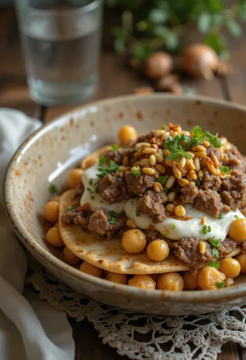 פתה עם בשר טלה, חתיכות פיתה קלויות, חומוס, יוגורט טחינה וצנוברים קלויים.