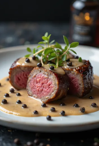 פילה אמו ברוטב פלפל מוגש עם ירקות.