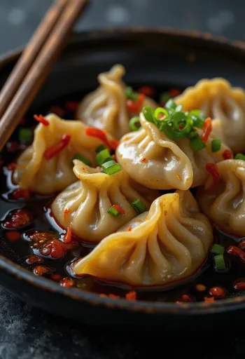 ג'iaozi סיני בשמן צ'ילי חריף, מוגש על צלחת פורצלן לבנה