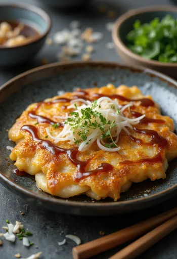 אוקונומיאקי ברוטב סויה מוגש, עם רוטב אוקונומיאקי ושבבי בוניטו