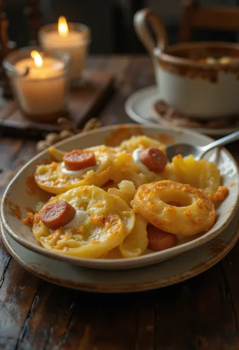 מאפה תפוחי אדמה בשכבות עם נקניק וביצים, ושמנת חמוצה מלמעלה.