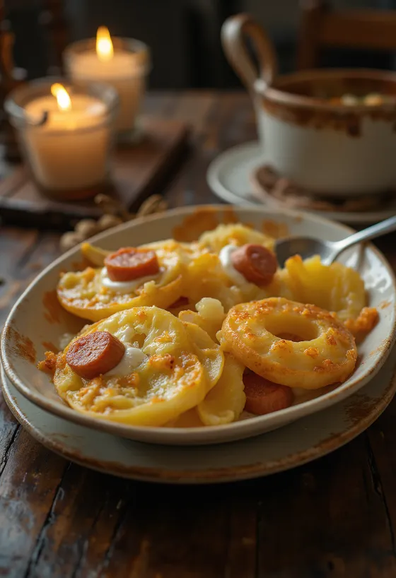 מאפה תפוחי אדמה בשכבות עם נקניק וביצים, ושמנת חמוצה מלמעלה.