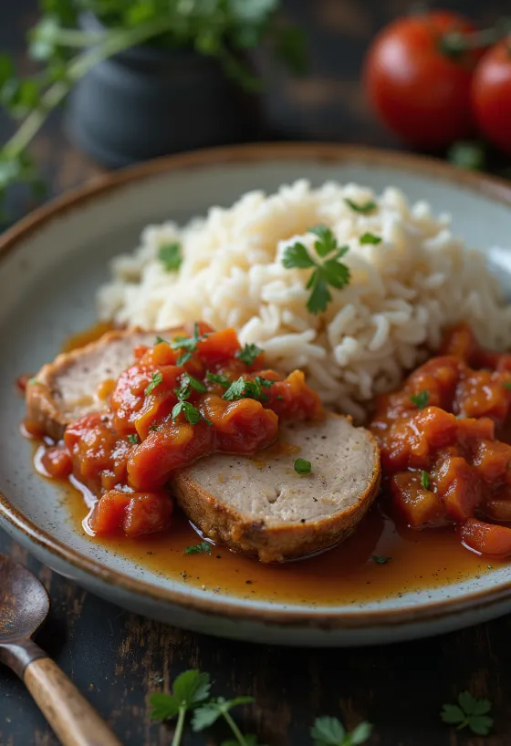 צוואר חזיר עם לעצ'ו ואורז מאודה מוגש