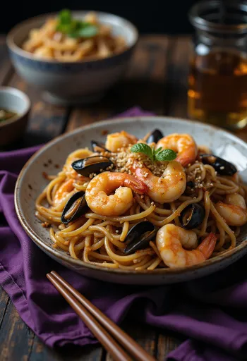 יקיסובה עם פירות ים מוגש, מקושט בבצל ירוק