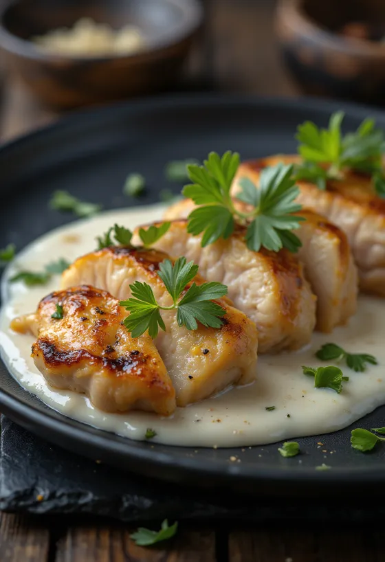 חזה עוף ברוטב שמנת חמוצה ושמיר מוגש