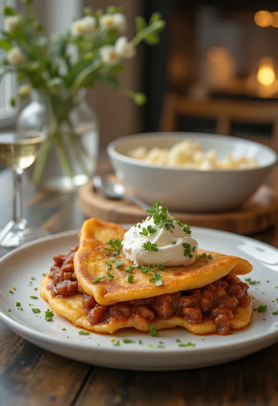 פנקייק גולאש מוגש עם מילוי גולאש ושמנת חמוצה