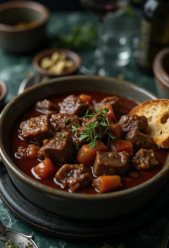 נזיד בקר ברוטב יין אדום מוגש עם לחם טרי