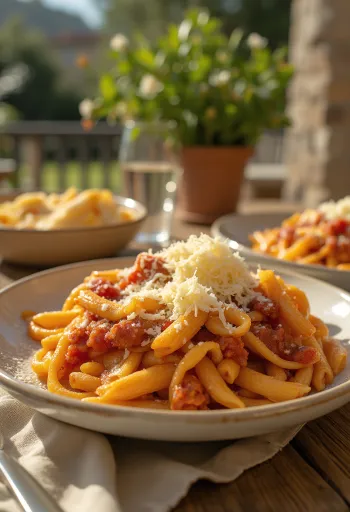 פסטה עם חצילים ברוטב עגבניות עסיסי, מוגשת עם בזיליקום טרי