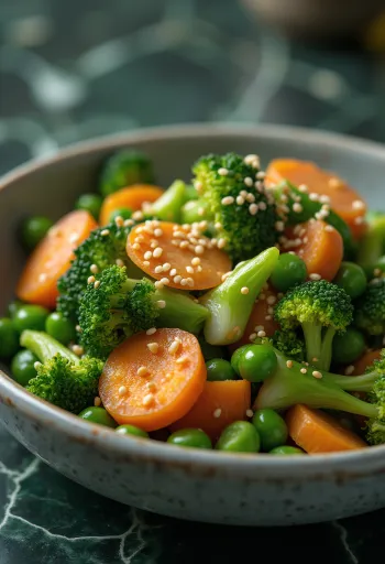 ירקות מאודים עם שומשום מוגשים עם ירקות טריים