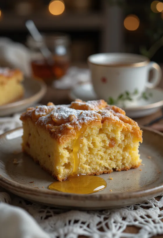 עוגת זנגביל במרקם רך וזהוב, זרויה באבקת סוכר.