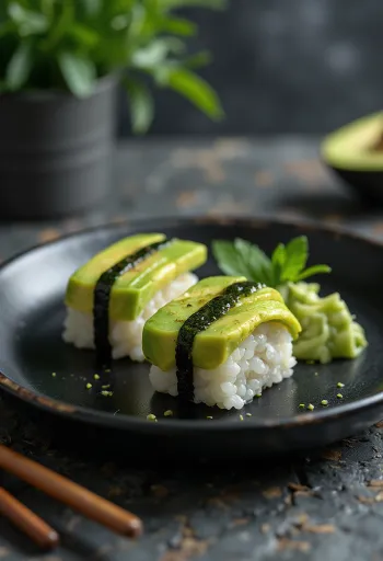 ניגירי עם אבוקדו ופרוסות דג זהובות, עם וואסבי ורוטב סויה