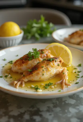 רגלי צפרדע בחמאת שום מוגשות עם פטרוזיליה טרייה ולימון.