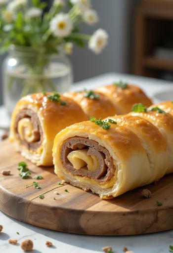 גלילת בשר אפויה לזהוב, מוגשת עם ירקות טריים ורוטב.