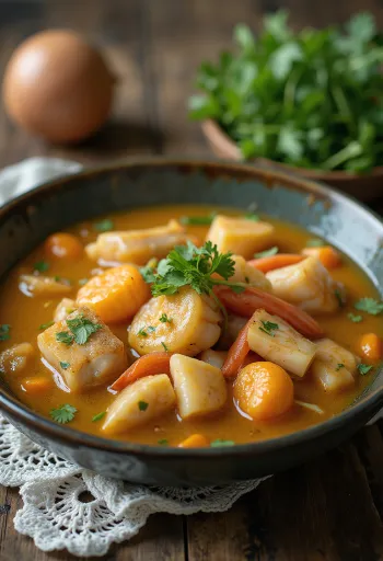 סנקוצ'ו דגים, מרק דגים קריבי עם פירות ים וירקות מוגש