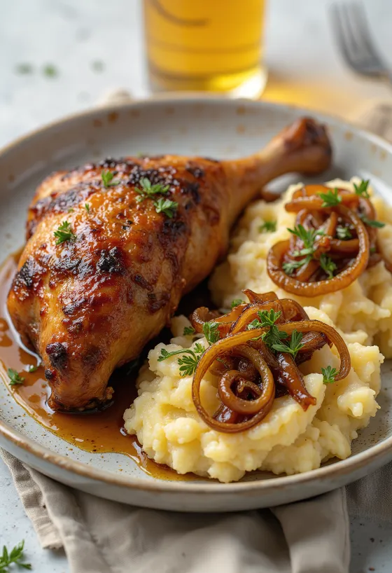 ברווז בתנור מוגש עם פירה בצל