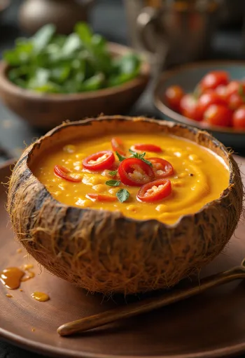 רוטב צ'ילי וחלב קוקוס מתובל בקערה, עם כוסברה טרייה ופרוסות צ'ילי.