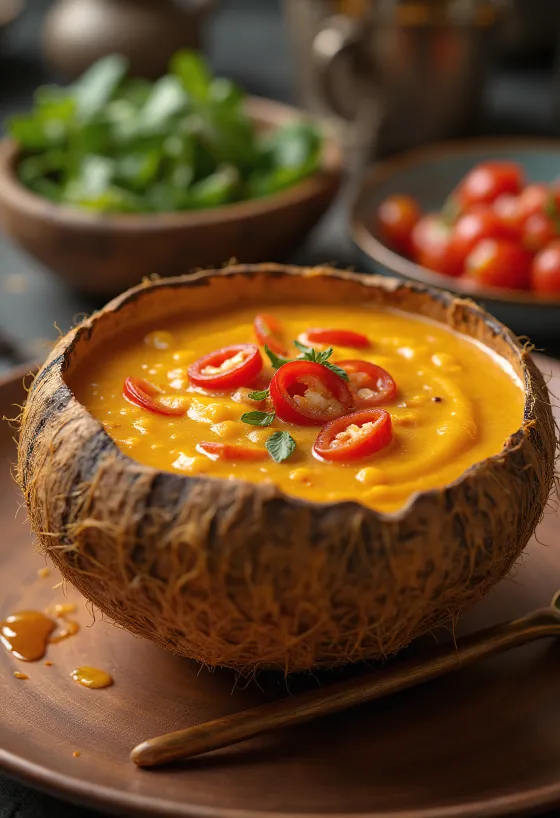 רוטב צ'ילי וחלב קוקוס מתובל בקערה, עם כוסברה טרייה ופרוסות צ'ילי.