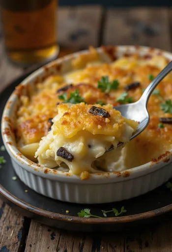 הפיתוי של יאנסון עם תוספת שמנת, מוגש עם גבינה ובצל מטוגן