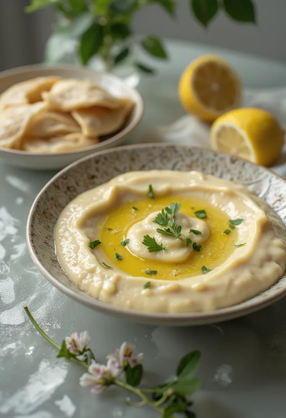 רוטב טחינה ולימון מוגש עם פיתה וירקות בגריל