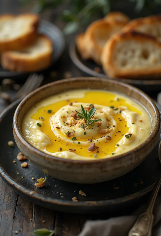 ממרח חצילים במרקם רך וקרמי, מוגש עם עשבי תיבול טריים ושמן זית