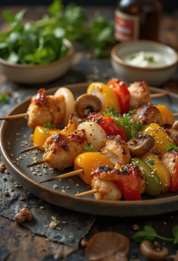 קושיאקי יקיטורי שיפוד מעורב עם ירקות ובשר, מוגש עם שומשום ובצל ירוק טרי