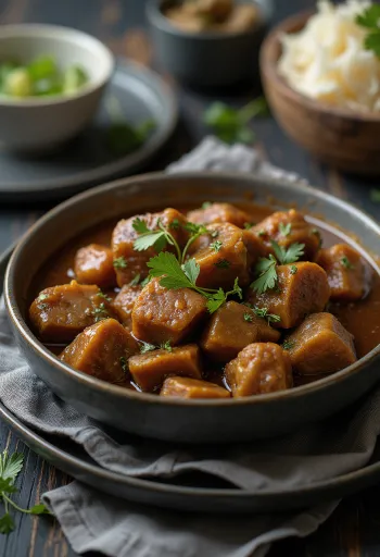 סרפטל עם לב חזיר, מנת בשר עשירה בתבלינים מקושטת בכוסברה טרייה