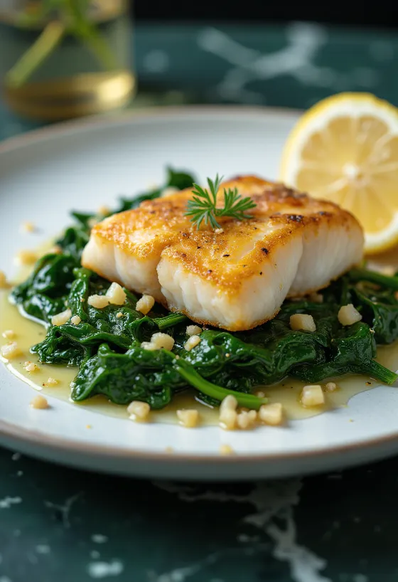 דג מטוגן עם תרד בשום מוגש