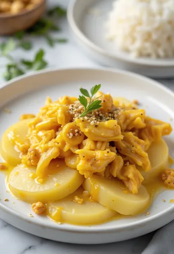 אהי דה גלינה ללא ביצים, עוף ברוטב צהוב קרמי, מוגש עם אורז ותפוחי אדמה