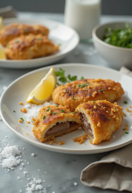 שניצל כבד חזיר פריך, מטוגן לזהוב ומוגש עם סלט טרי.