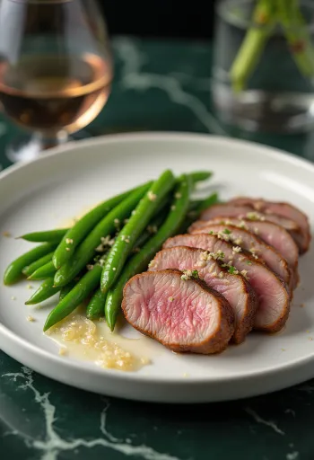 חזה ברווז צרוב עם שעועית ירוקה מוגש לשולחן