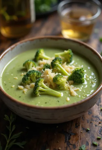 מרק קרם ברוקולי עם גבינה מעושנת מוגש