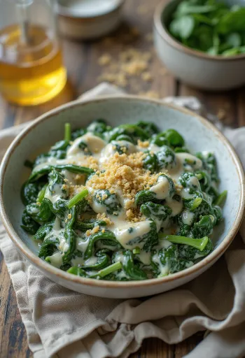 תרד בשמנת קרמי מבושל טרי, מוגש בצלחת לבנה.