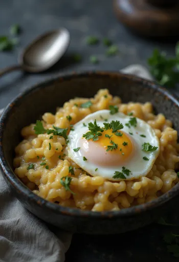 אסורדה עם ביצה עלומה, מקושטת בכוסברה טרייה, מזולפת במיץ לימון